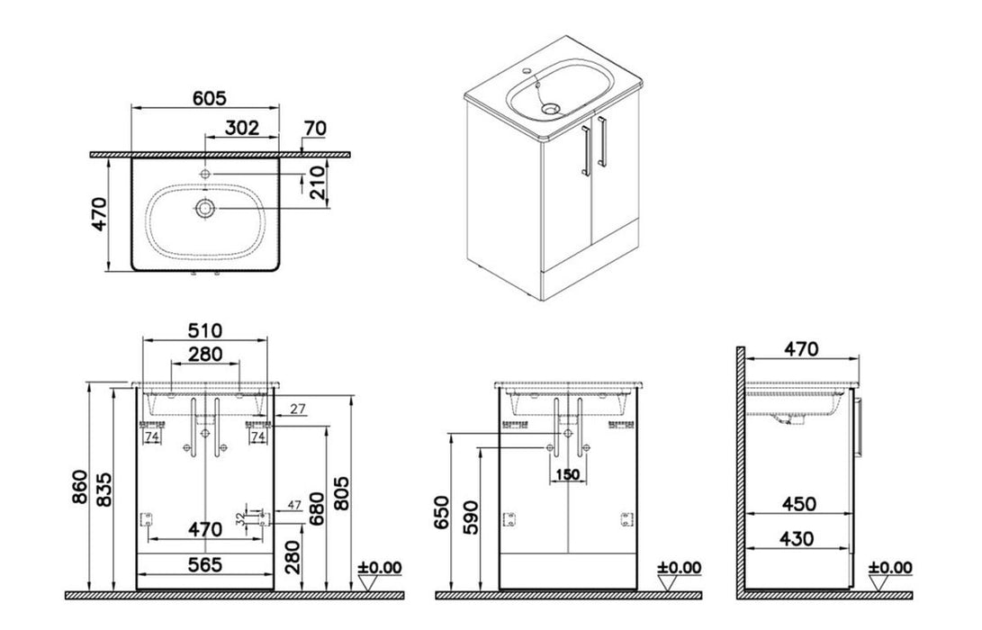 VitrA Zentrum 60cm 2 Drawer F/S Washbasin Unit - High Gloss White