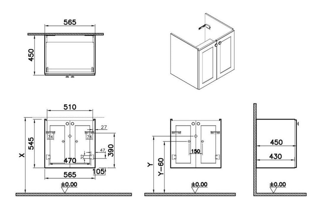 VitrA Root Classic 60cm 2 Door Wall Hung Washbasin Unit - Matt Grey
