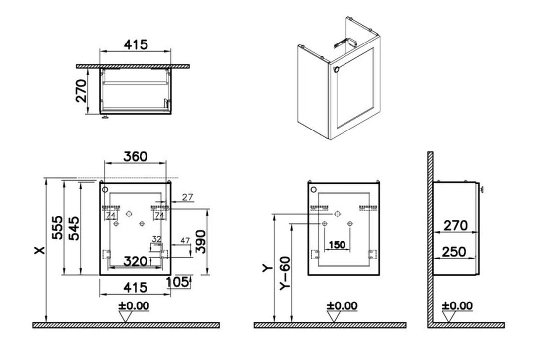 VitrA Root Classic 40cm 1 Door Wall Hung Slim Washbasin Unit - Matt Dark Blue