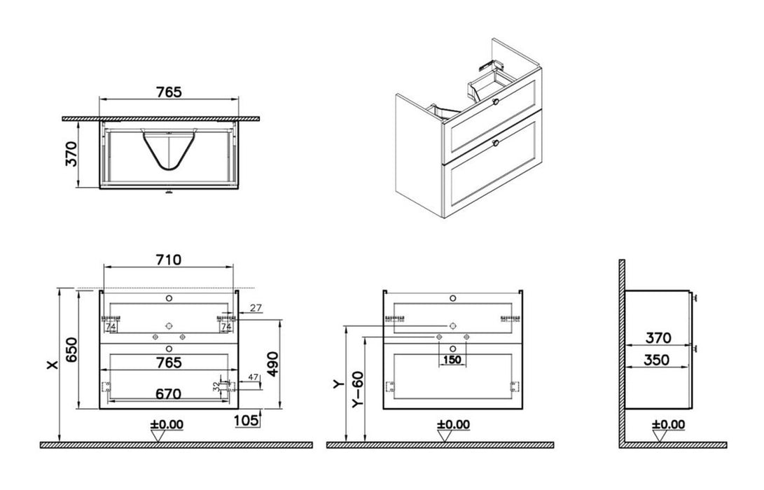 VitrA Root Classic 80cm 2 Drawer Slim Washbasin Unit - Matt Grey