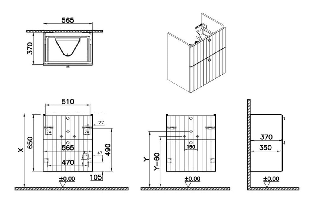 VitrA Root Groove 60cm 2 Drawer Slim Washbasin Unit - Matt Fjord Green