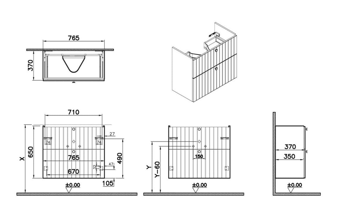 VitrA Root Groove 80cm 2 Drawer Slim Washbasin Unit - Matt White