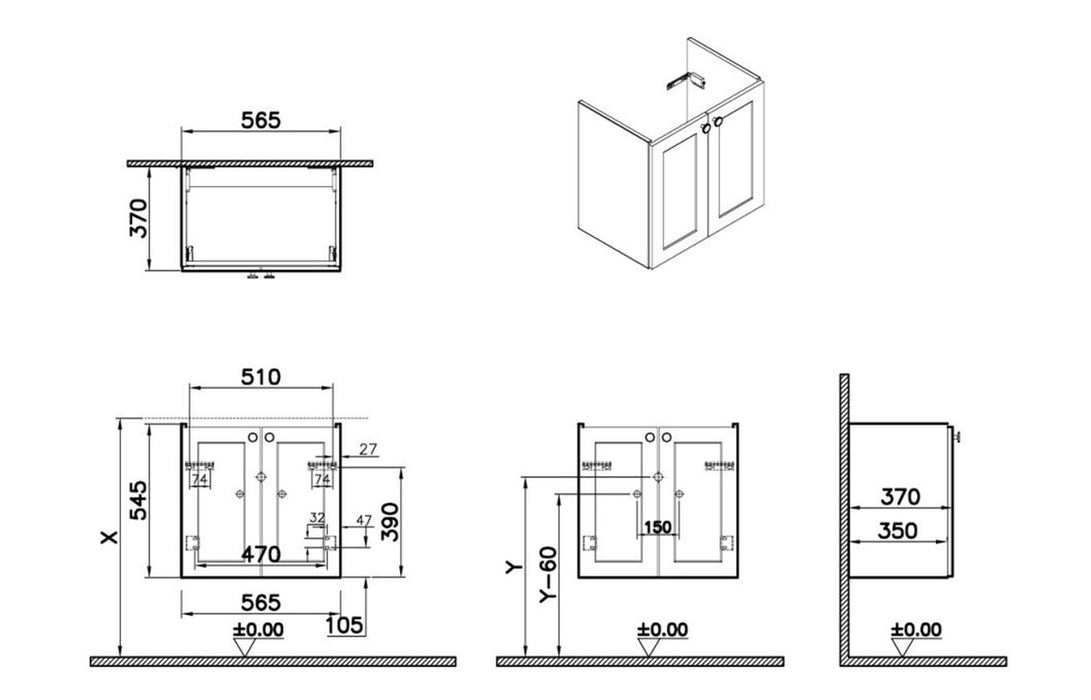 VitrA Root Classic 60cm 2 Door Wall Hung Slim Washbasin Unit - Matt Retro Green