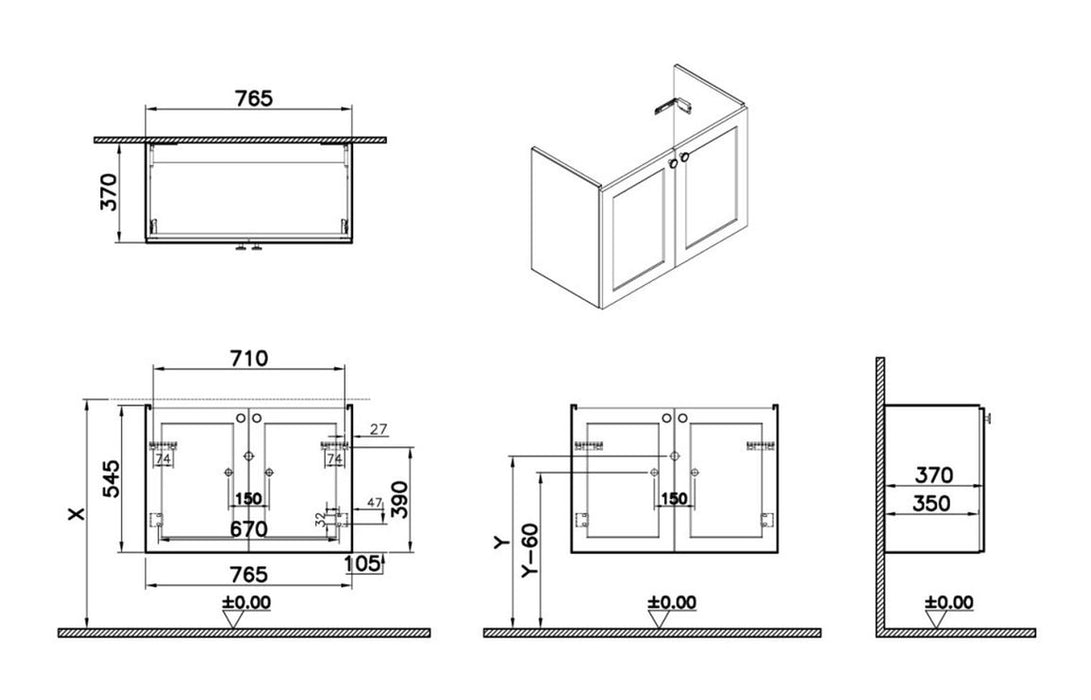 VitrA Root Classic 80cm 2 Door Wall Hung Slim Washbasin Unit - Matt Graphite