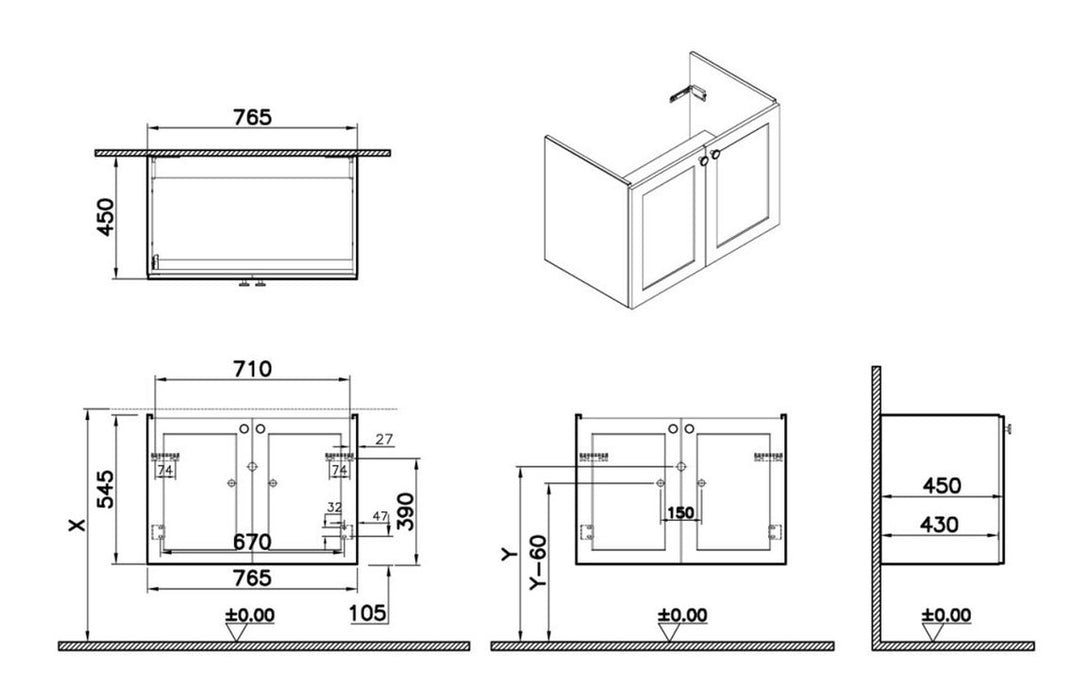 VitrA Root Classic 80cm 2 Door Wall Hung Washbasin Unit - Matt Fjord Green