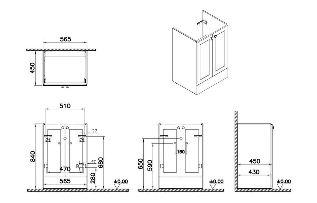 VitrA Root Classic 60cm 2 Door Floor Standing Washbasin Unit - Matt Light Grey
