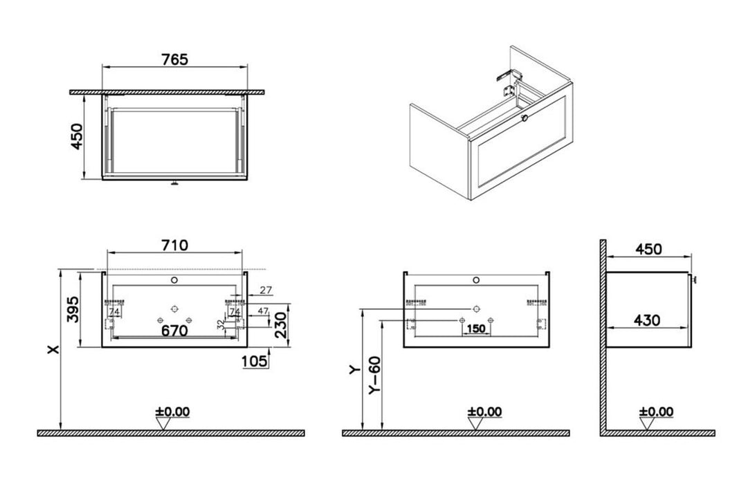 VitrA Root Classic 80cm 1 Drawer Washbasin Unit - Matt Dark Blue