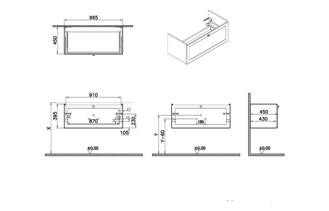 VitrA Root Classic 100cm 1 Drawer Slim Washbasin Unit - Matt Retro Green