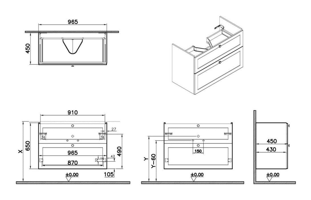 VitrA Root Classic 100cm 2 Drawer Washbasin Unit - Matt Retro Green