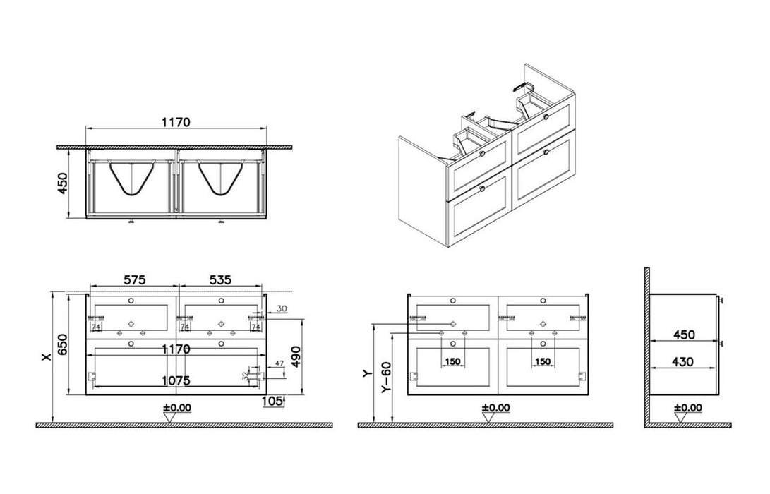 VitrA Root Classic 120cm 4 Drawer Washbasin Unit - Matt Retro Green