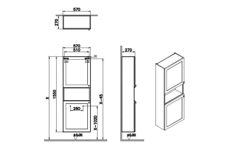 VitrA Root Classic 55cm 2 Door Semi-Tall Unit (LH Hinge) - Matt Graphite