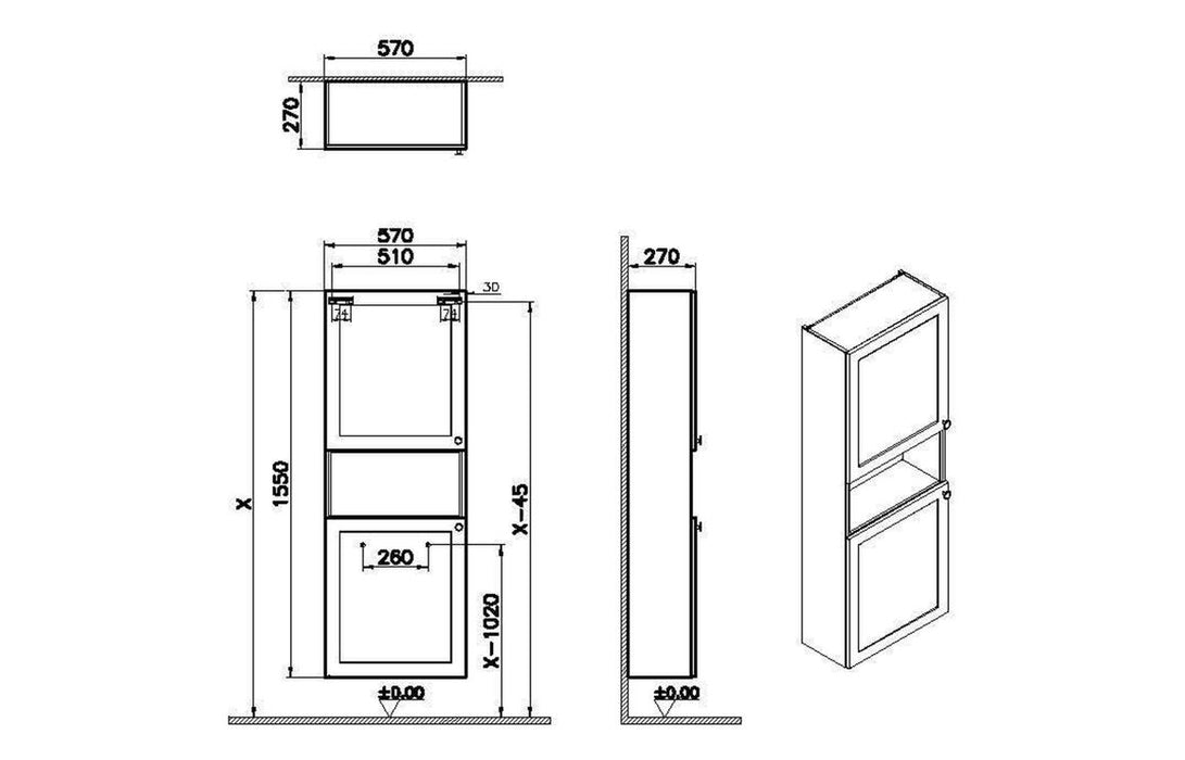 VitrA Root Classic 55cm 2 Door Semi-Tall Unit (LH Hinge) - Matt Graphite