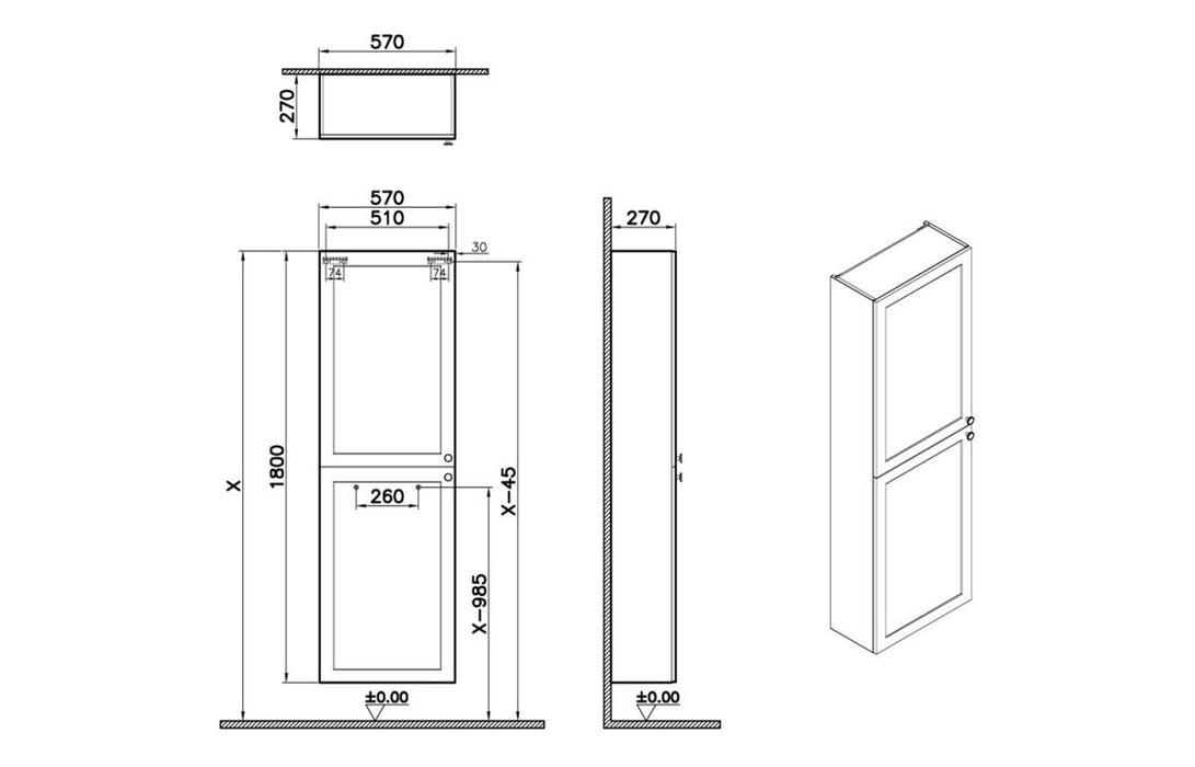 VitrA Root Classic 55cm 2 Door Slim Tall Unit (LH Hinge) - Matt Grey