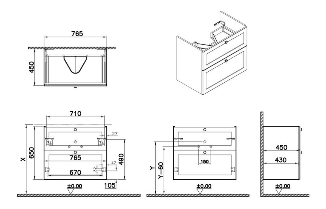 VitrA Root Classic 80cm 2 Drawer Washbasin Unit - Matt Grey