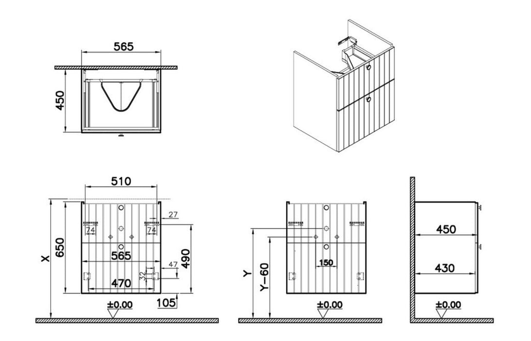 VitrA Root Groove 60cm 2 Drawer Washbasin Unit - Matt Dark Blue