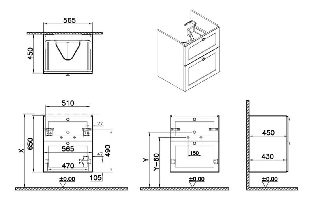 VitrA Root Classic 60cm 2 Drawer Washbasin Unit - Matt White