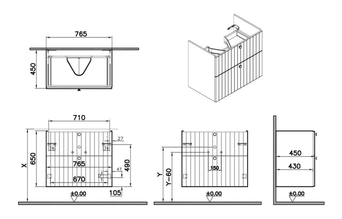 VitrA Root Groove 80cm 2 Drawer Washbasin Unit - Matt Fjord Green
