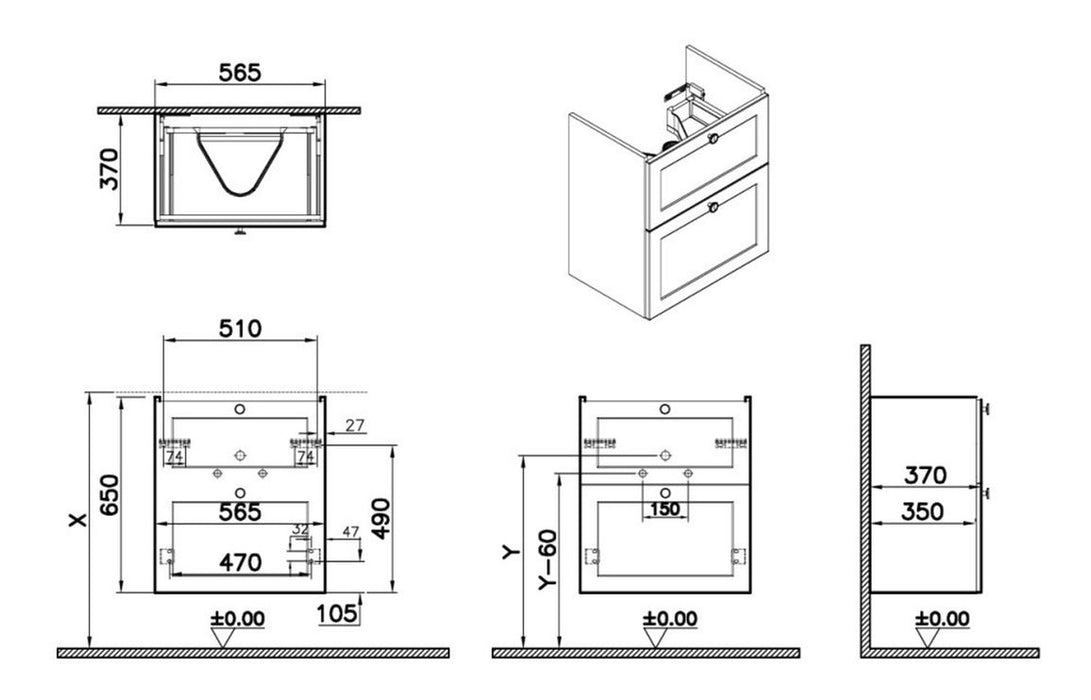 VitrA Root Classic 60cm 2 Drawer Slim Washbasin Unit - Matt White