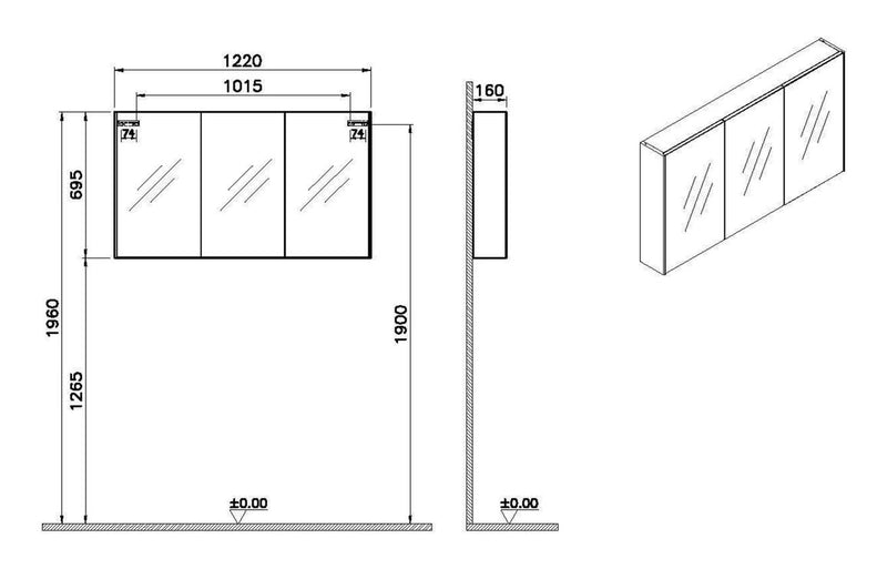 VitrA 1220x695mm Mirrored Cabinet - Brushed Chrome
