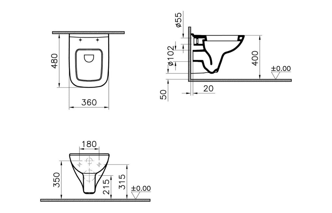 VitrA S20 Short Projection Wall Hung Pan Only - White