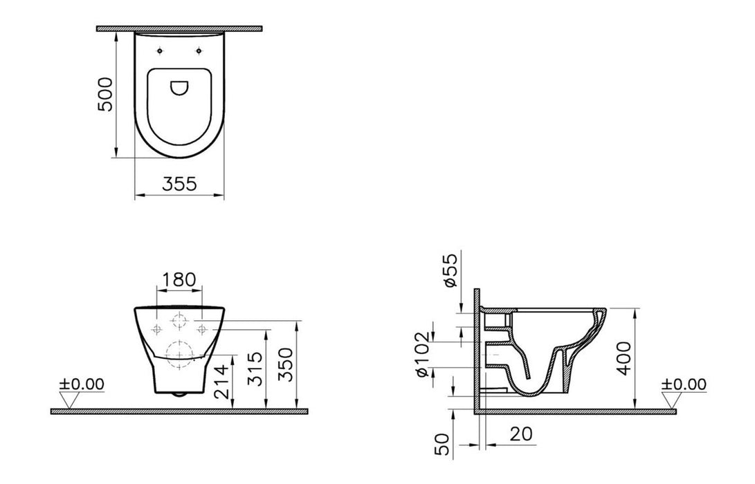 VitrA Zentrum Rimless Wall Hung Pan Only - White