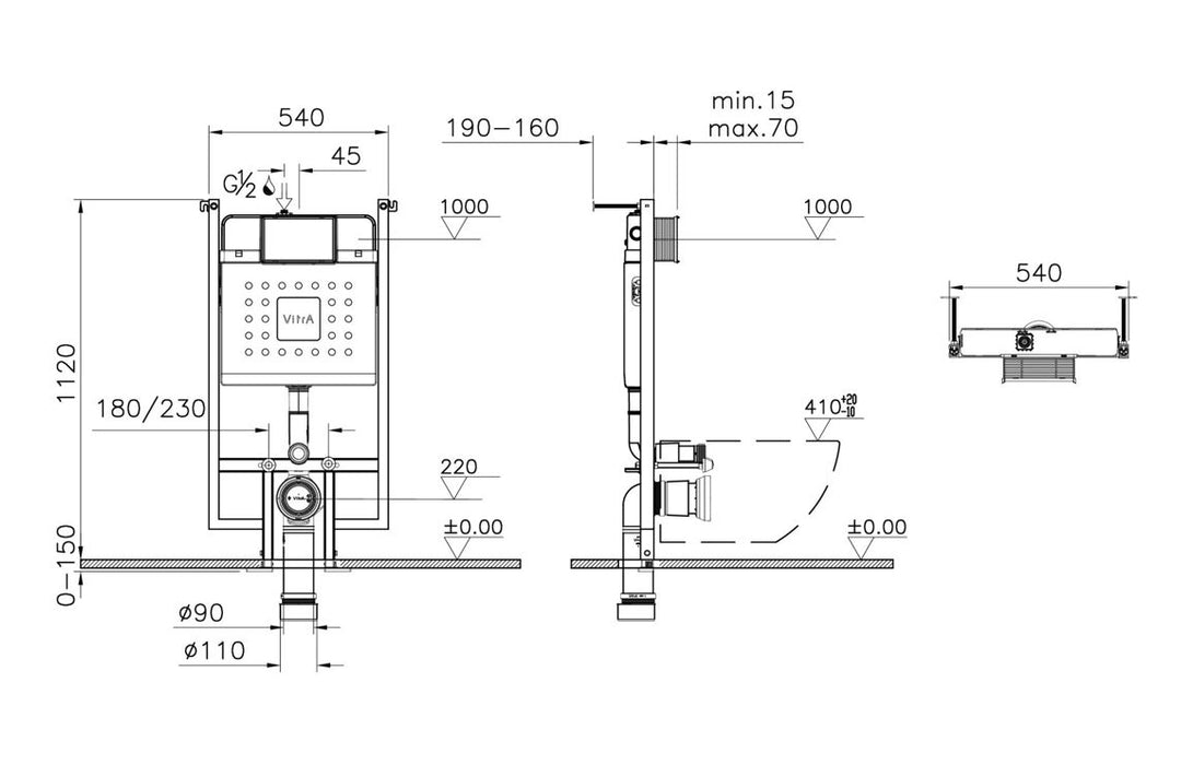 VitrA V-Fix Core WH 8cm 3/6L WC Frame & Cistern