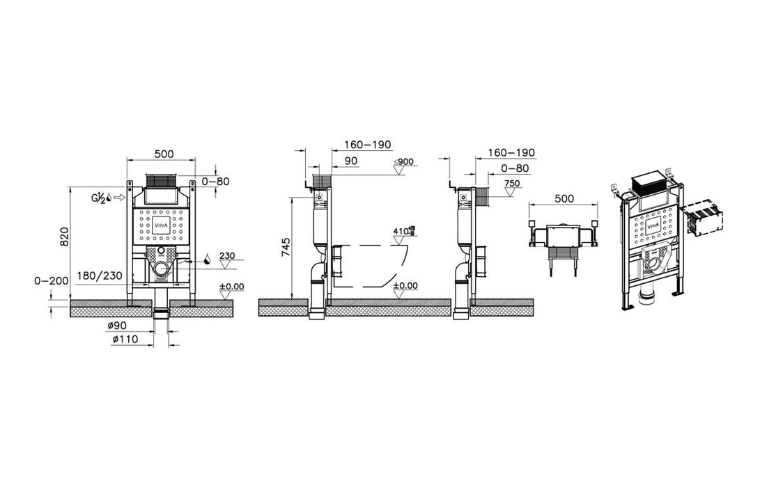 VitrA V-Fix Prime Reduced Height (82cm) WH WC Frame & 3/6L Cistern (Floor/Wall Fix)