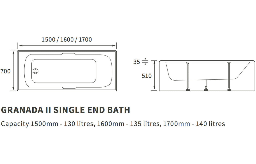 Valencia Single End Twin Grip Textured Base 8mm 1700x700x510mm 2TH Bath