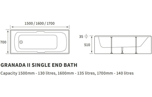 Valencia Single End Twin Grip Textured Base 8mm 1700x700x510mm 2TH Bath
