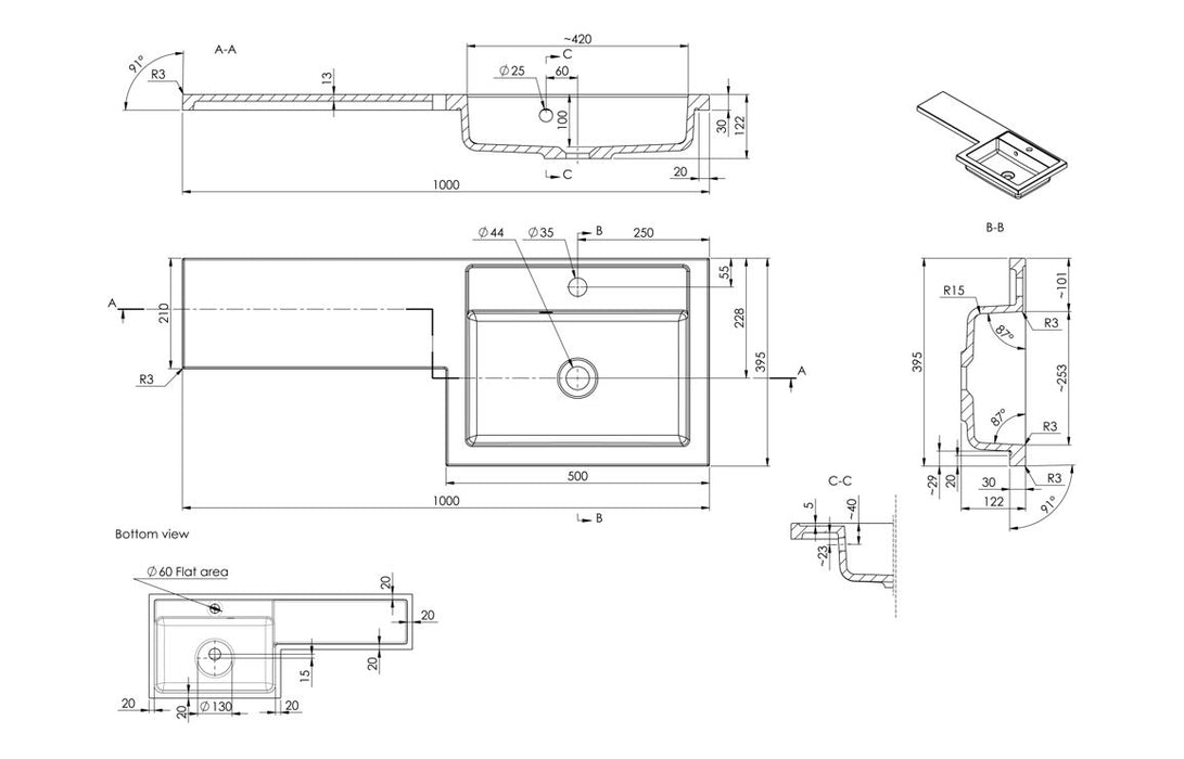 Verona 1000mm F/S L-Shape Pack & Basin - Oak