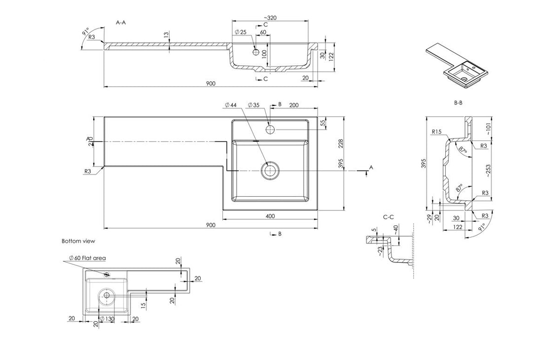 Verona 900mm F/S L-Shape Pack & Basin - Oak