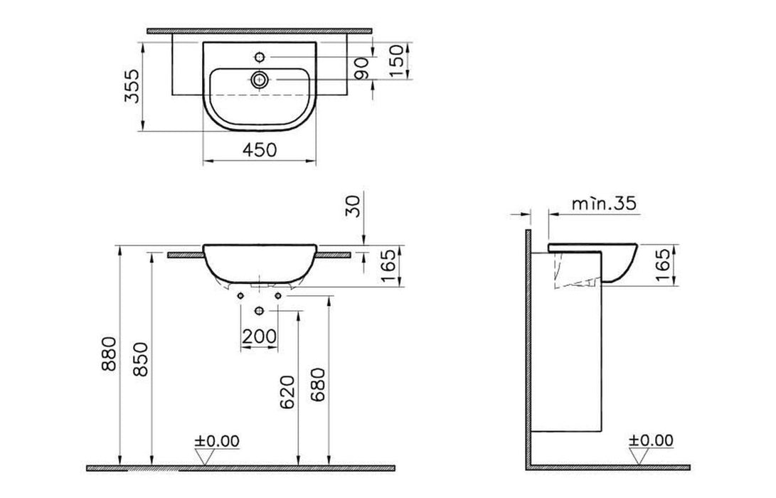 VitrA S20 450x350mm 1TH Semi Recessed Basin - White