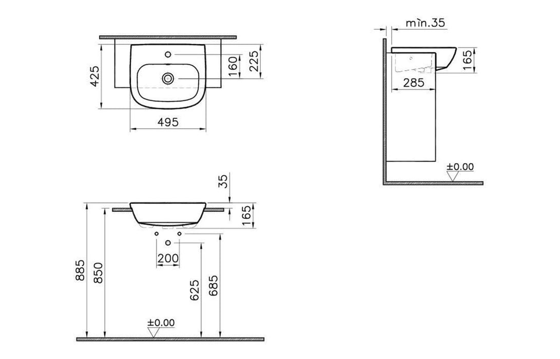 VitrA Zentrum 495x425mm 1TH Semi Recessed Basin - White