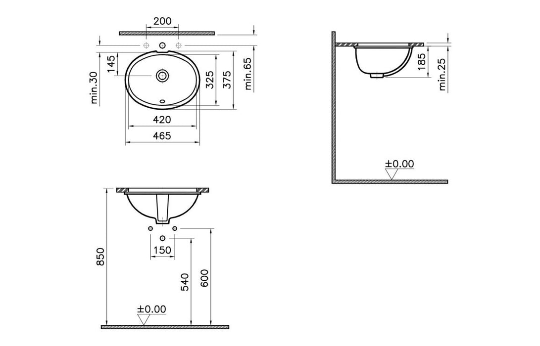 VitrA S20 470x380mm 0TH Undercounter Basin - White