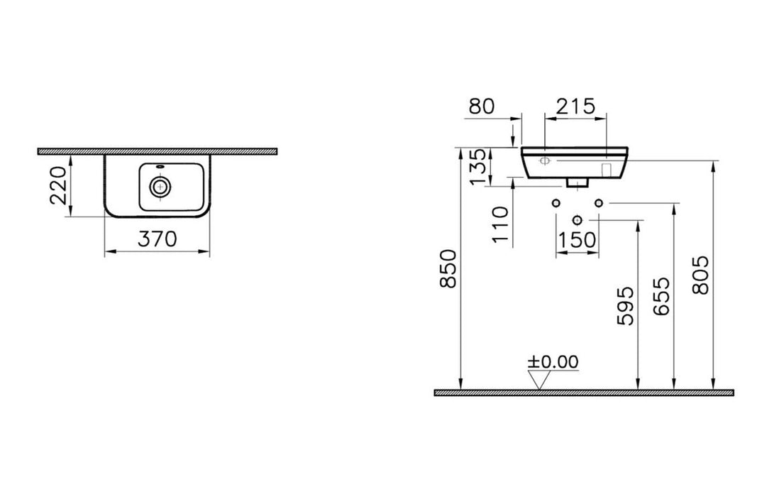 VitrA Integra 370x220mm 0TH Compact Basin w/Overflow - White
