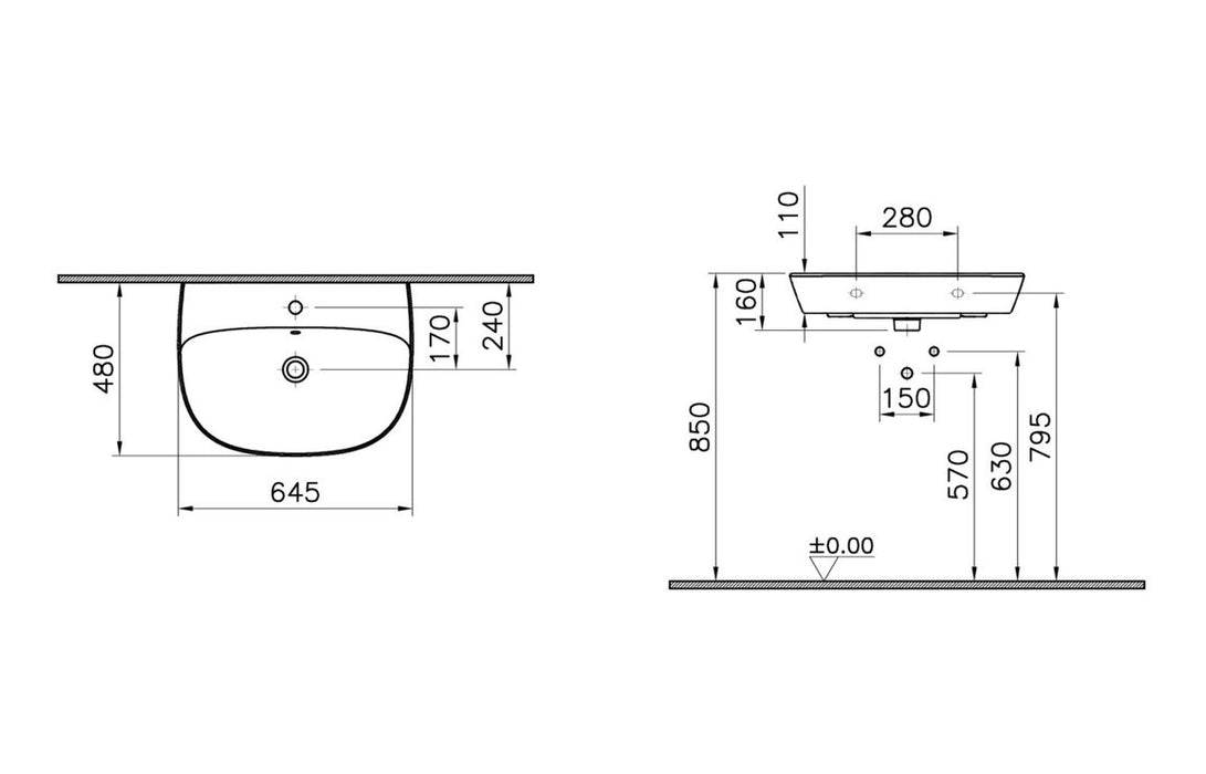 VitrA Zentrum 645x480mm 1TH Basin w/Overflow - White