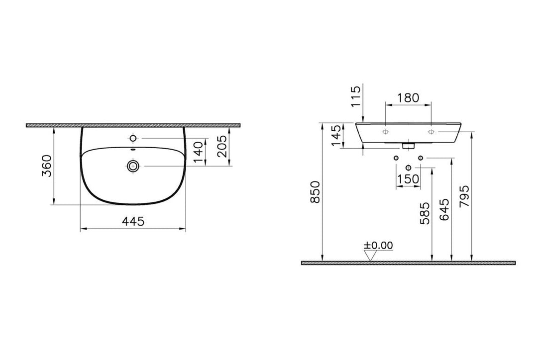 VitrA Zentrum 445x360mm 1TH Basin w/Overflow - White