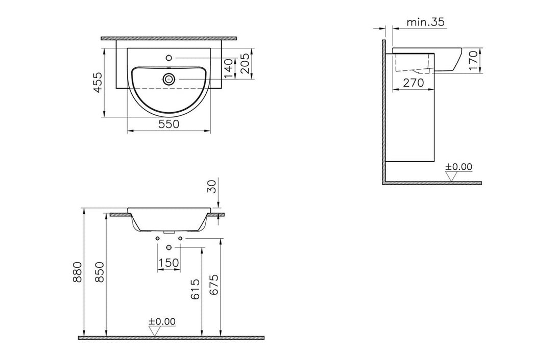VitrA Integra 550x455mm 1TH Semi Recessed Basin - White