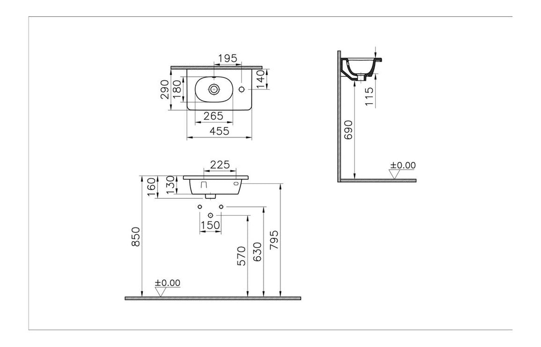 VitrA Zentrum 450x290mm 1TH Vanity Basin w/Overflow - White