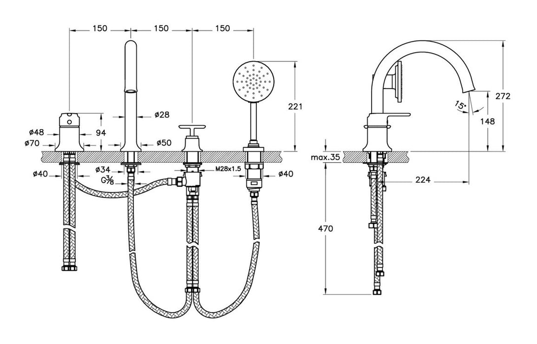 VitrA Origin Classic 4-Hole Bath/Shower Mixer - Chrome