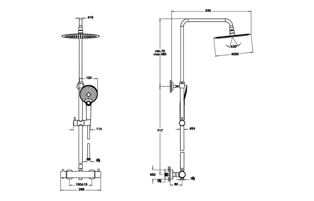 VitrA Aquaheat Bliss 250 Thermostatic Shower Column - Chrome
