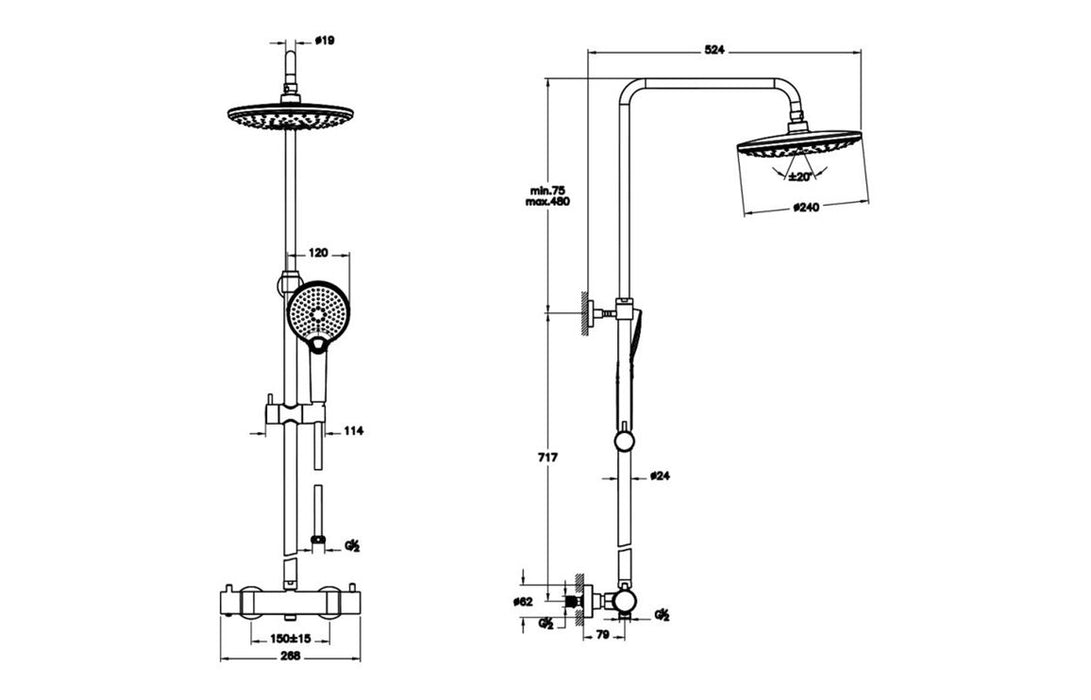 VitrA Aquaheat Bliss 240 Thermostatic Shower Column w/2-Function Overhead
