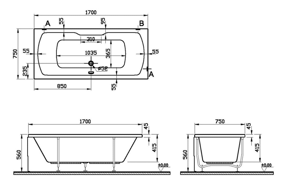 VitrA Optima 0TH 1700x750mm Double Ended Bath