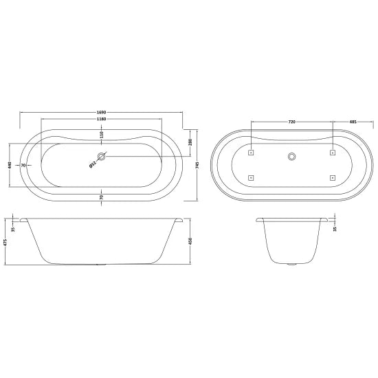 BC Designs Elmstead 1690mm Freestanding Bath - No Legs