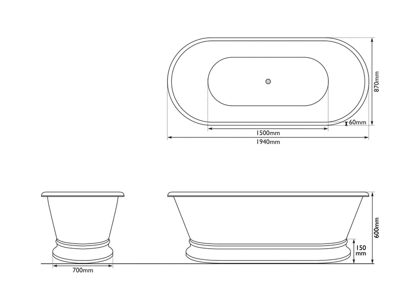 Hurlingham Zille Copper-Nickel Bath 1940x870 Freestanding Bathtub