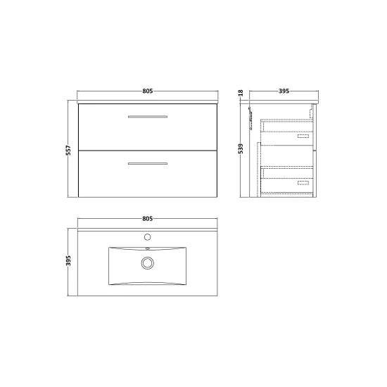 Arno Wall Hung 2 Drawer Vanity or Minimalist Ceramic Basin, 800mm