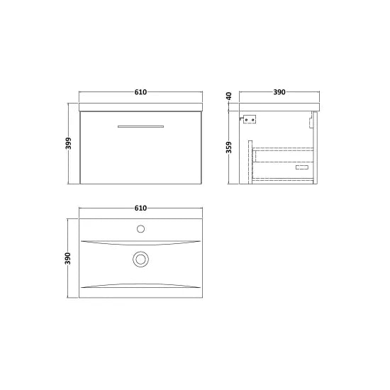 Arno 600mm Wall Hung 1 Drawer Vanity or Mid Edge Basin