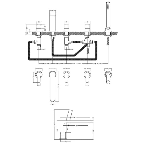 Arvan Deck Mounted 5 Tap Hole Bath Shower Mixer