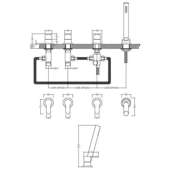 Arvan Deck Mounted 4 Tap Hole Bath Shower Mixer No Spout