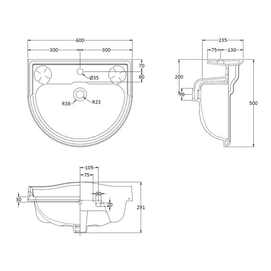 Bayswater Porchester 1 Tap Hole 600mm Ceramic Basin